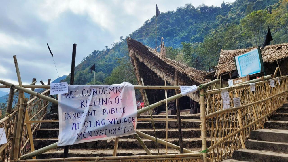 A banner in front of a morung at the Naga Heritage Village, Kisama calling demanding justice for those killed in Oting, Mon district 4. (Morung Photo)